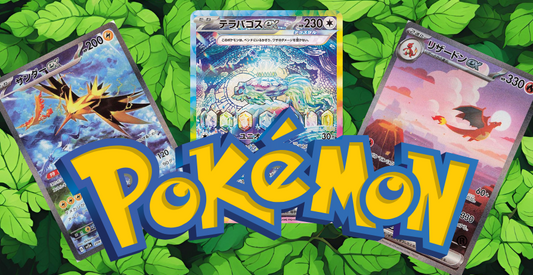 Pokemon logo against a background of leaves featuring mewtwo and Charizard of the Pokémon trading card game